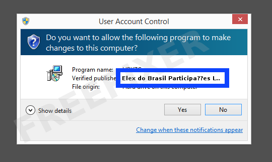 Screenshot where Elex do Brasil Participa??es Ltda appears as the verified publisher in the UAC dialog